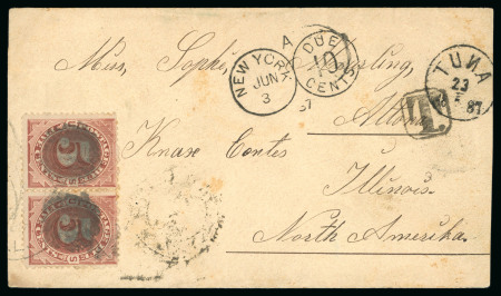 Stamp of United States 1887 (May 23) Cover sent from Tuna, near Uppsala to Altona,  postage dues x2 5c USA