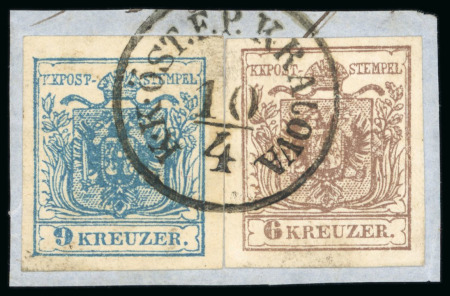 Stamp of Austria 1850-54 Austrian PO Crimean War 6kr brown and 9kr blue machine paper, type III, large margins tied to piece