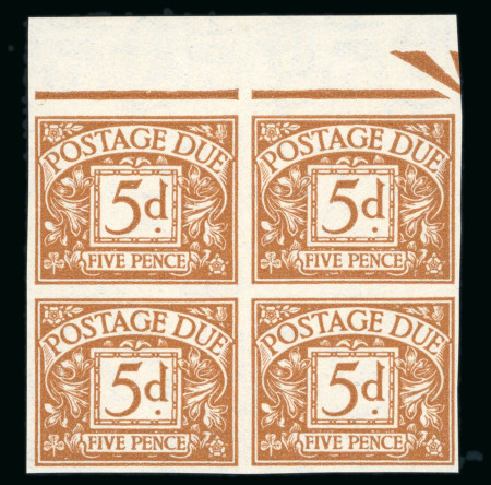 Stamp of Great Britain » Postage Dues 1936-37 5d yellow-brown imperf. imprimatur in mint n.h. block of four