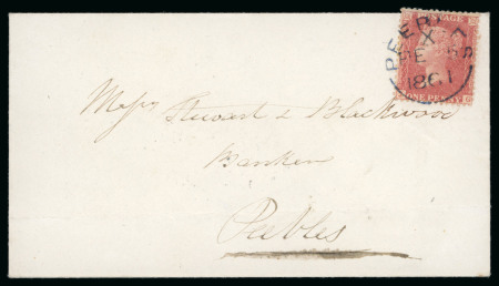 Stamp of Great Britain » 1854-1900 Postal History of the Perforated Line Engraved and Surface Printed Issues 1861 (Feb 5)  1d rose-red JG, tied to a small envelope by a very fine blue Peebles cds