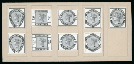 Stamp of Great Britain » 1855-1900 Surface Printed » 1883-84 Lilac & Green Issue 1883-84 1 1/2d to 1s set of nine die proofs, each stamp-size in black and inset on piece of thick card