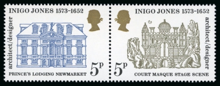 Stamp of Great Britain » Queen Elizabeth II 1973 Inigo Jones set of mint n.h. se-tenant pairs with variety phosphor omitted