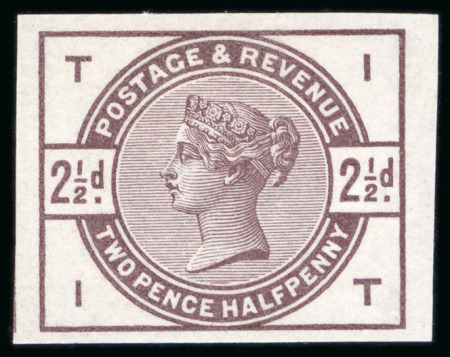 Stamp of Great Britain » 1855-1900 Surface Printed » 1883-84 Lilac & Green Issue 1884 2 1/2d. Imperf. colour trial in purple brown