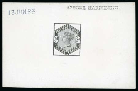 Stamp of Great Britain » 1855-1900 Surface Printed » 1883-84 Lilac & Green Issue 1883 3d. Die proof in black on white glazed card (90 x 60mm)