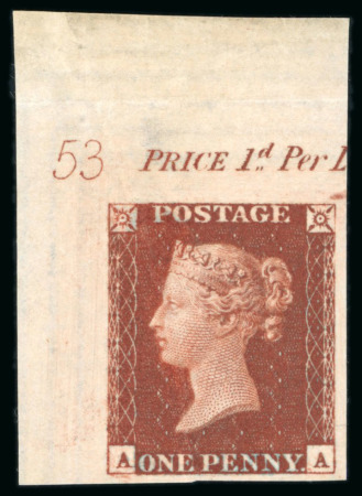 Stamp of Great Britain » 1841 1d Red 1841 1d red brown pl.53 AA imperforate imprimatur from the upper left corner of the sheet