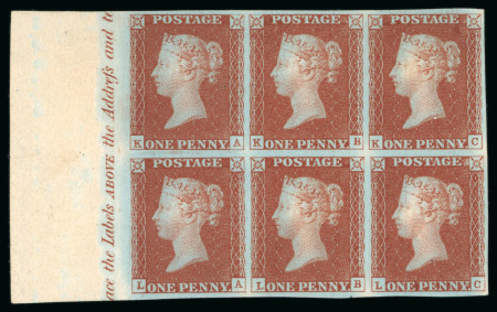 Stamp of Great Britain » 1840 1d Black and 1d Red plates 1a to 11 1841 1d red-brown pl.11 KA-LC  marginal inscriptional block of six from the left of the sheet on Dickinson Silk thread paper