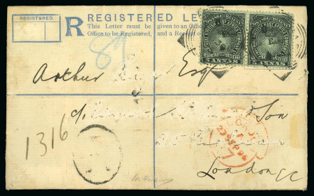 Stamp of Kenya, Uganda and Tanganyika » British East Africa 1895 (Aug 30) 2a registered envelope (size F) to England with 1895 5a pair tied by Mombasa squared circle ds