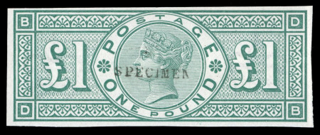 Stamp of Great Britain » 1855-1900 Surface Printed » 1887-1900 Jubilee Issue & 1891 £1 Green 1891 £1 green DB imperforate overprinted "SPECIMEN" type 9, mint n.h.