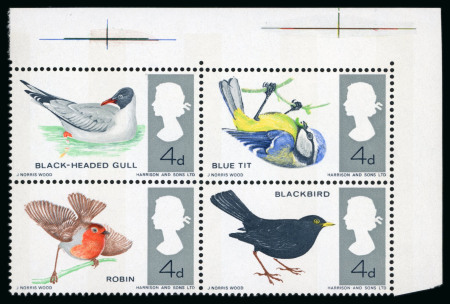 Stamp of Great Britain » Queen Elizabeth II 1966 British Birds (phosphor) mint n.h. se-tenant block of four with variety "bistre omitted"
