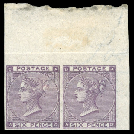 Stamp of Great Britain » 1855-1900 Surface Printed » 1862-64 Small Uncoloured Corner Letters 1864 6d lilac pl.4 AC-AD with variety imperforate and watermark inverted in mint o.g. pair