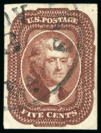 Stamp of United States 1856 5c red-brown, four margins, neatly cancelled by a crisp New Orleans cds