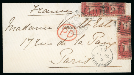 Stamp of Great Britain » 1854-1900 Postal History of the Perforated Line Engraved and Surface Printed Issues 1867 (Sep 11) Cover sent to Paris franked with two horizontal pairs of 1d reds, all folded over the edge