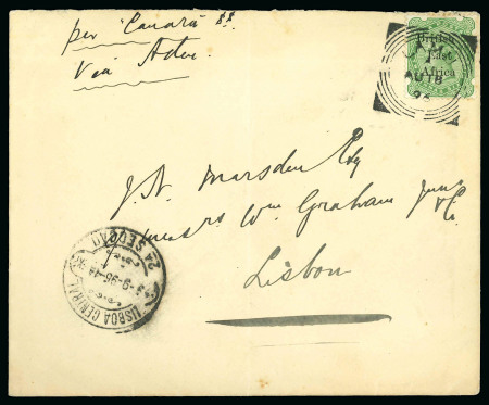 Stamp of Kenya, Uganda and Tanganyika » British East Africa 1896 (Aug 18) Envelope to Portugal with 1895-96 2a6p tied by crisp Lamu squared circle ds
