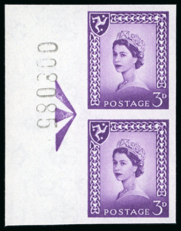 Stamp of Great Britain » Isle of Man 1958 3d. deep lilac imperforate vertical pair of Imprimaturs