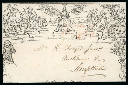 Stamp of Great Britain » 1840 Mulreadys & Caricatures 1840 1d Mulready lettersheet, Forme 1 stereo A8, cancelled solely by a red "Shefford / Penny Post" handstamp