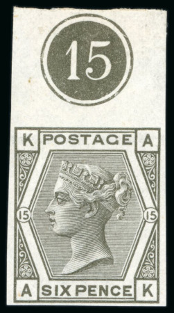 Stamp of Great Britain » 1855-1900 Surface Printed » 1873-80 Large Coloured Corner Letters 1876 6d grey pl.15 AK imperforate imprimatur from the top of the sheet showing plate number