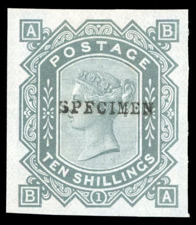Stamp of Great Britain » 1855-1900 Surface Printed » 1867-83 High Values 1883 10s grey green pl.1 BA on blued paper imperforate imprimatur, overprinted "SPECIMEN" type 9