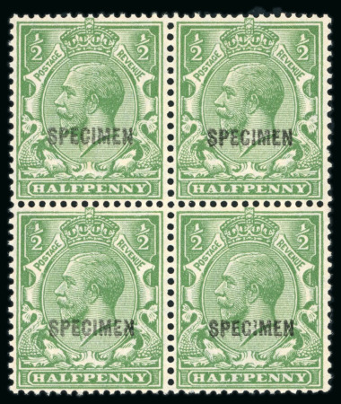 Stamp of Great Britain » King George V » 1924-36 Issues 1924 1/2d green overprinted "SPECIMEN" type 32 in mint block of four