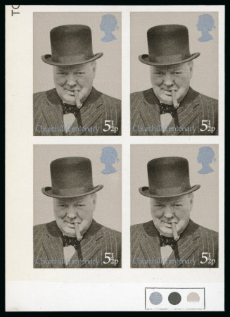 Stamp of Great Britain » Queen Elizabeth II 1974 Winston Churchill 5 1/2p imperf. imprimatur in mint n.h. traffic light corner block of four