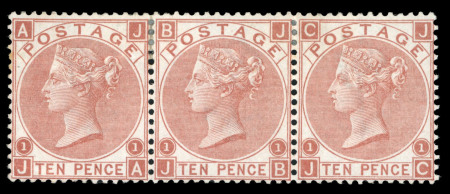 Stamp of Great Britain » 1855-1900 Surface Printed » 1867-80 Large Uncoloured Corner Letters, Wmk Spray of Rose 1867 10d red brown pl.1 JA-JC mint horizontal strip of three