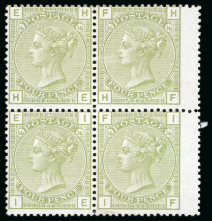 Stamp of Great Britain » 1855-1900 Surface Printed » 1873-80 Large Coloured Corner Letters 1877 4d sage green pl.16 HE-IF mint wing marginal block of four