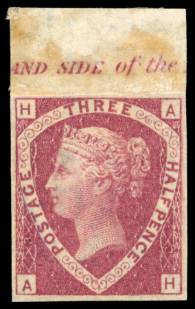 Stamp of Great Britain » 1854-70 Perforated Line Engraved 1870 1 1/2d rose red pl. 3 AH, imperf. imprimatur from the top of the sheet