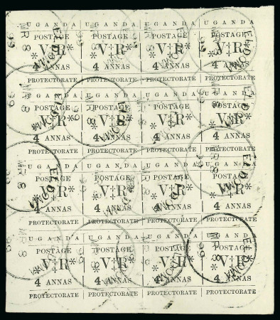 Stamp of Uganda 1896 (Nov) 4a pane of 16, all cancelled to order by Eldoma MR 8 / 99 cds