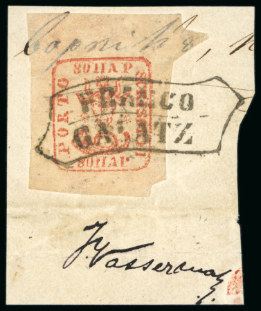 Stamp of Romania » 1858 (1st Nov.) - 1861 Moldavia - Handstruck at Jassy - Imperforate 1858 80par red-brown on yellowish paper, used, tied to small piece by superb  "Franco Galate" cancel