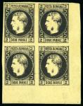 Stamp of Romania » 1866-67 Prince Carol I - Coloured Papers 1866 2par black on yellow thin paper, mint block of four from the lower right hand corner of the printing sheet,