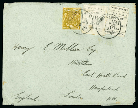 Stamp of Uganda 1898 (Nov 28) Envelope from Reverend Millar with 1896 3 and 1a 2nd ptg in combination with B.E.A. 1896-1901 5a, all tied by Kampala cds