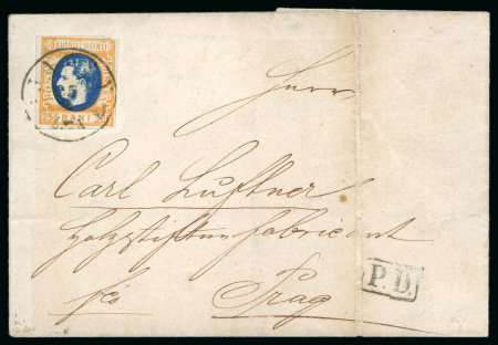 Stamp of Romania » 1868-70 Prince Carol I - New Currency 1870 Cover from Lasi to Prague franked with a 25b orange and blue, Carol with whiskers, imperforate