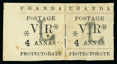 Stamp of Uganda 1896 (Nov) "L" Overprint 1a to 1R unused short set of 6 with extras incl. 4a pair with one showing small "O" in "POSTAGE" variety