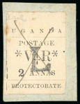 Stamp of Uganda 1896 (Nov) "L" Overprint used group incl. 1a tied by blue crayon on large piece addressed to Rev. Leakey in Koki