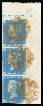 Stamp of Great Britain » 1840 2d Blue (ordered by plate number) 1840 2d. blue Pl. 1, AC-CL, vertical used strip of three from the upper right of the sheet showing Plate number "1" 