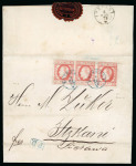 Stamp of Romania » King Carol 1871 - "With Beard" Imperforate 1872 (May 2) Cover to Itzcani very rare backstamp of the Romanian post office abroad very rare strip of three 5