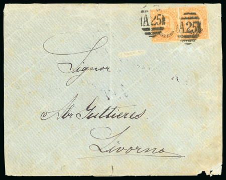 Stamp of Malta 1889 (March 20) Cover to Leghorn franked with a horizontal pair of Italy "Estevo" overprints, tied by the "A25"barrel 