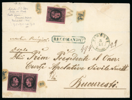 Stamp of Romania » 1866-67 Prince Carol I - Coloured Papers 1865 Registered to Bucurest, endorsed "cu retur Recipisa" 3 single 20p scarce with the acknowledgement of receipt