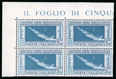 Stamp of Italy » Regno d'Italia » Posta Aerea 1930, Crociera Atlantica Italia-Brasile, 7,70 l. celeste, cinque blocchi di quattro