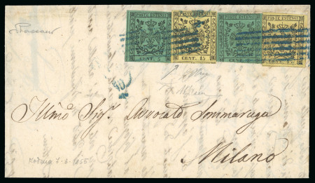 Stamp of Italian States » Modena 1855, lettera per Milano con affr. comprendente il 15 c. "senza linea divisoria con l'esemplare inferiore"