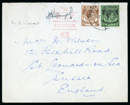 Stamp of Singapore 1941 Two covers with the rare red eagle "RAF Censor 63" mark in red to the front, both with Singapore cds