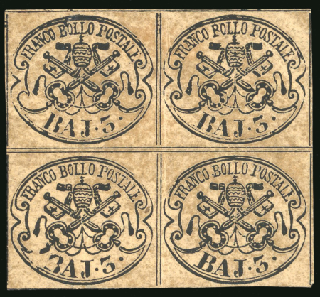 Stamp of Italian States » Papal States 1863, 3 baj. nero su bruno cuoio chiaro, blocco di quattro nuovo con gomma e varietà pos. 12