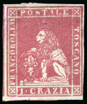 Stamp of Italian States » Tuscany 1851-52, 1 cr. carminio su grigio, nuovo con gomma