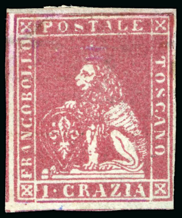 Stamp of Italian States » Tuscany 1851-52, 1 cr. carminio su grigio, nuovo con gomma