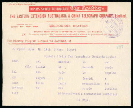 Stamp of Italy » Regno d'Italia » Posta Aerea 1925, telegramma del 15 luglio da Roma indirizzato da Benito Mussolini a Francesco de Pinedo 