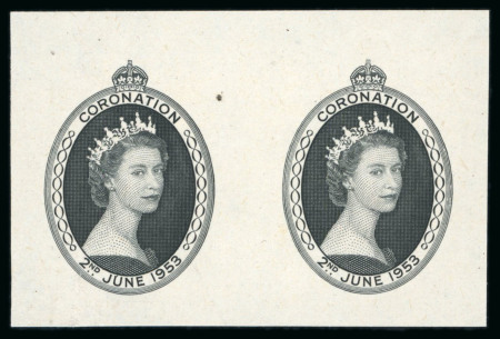 Stamp of Singapore 1953 Coronation issue archival die proof imperforate pair of the vignette, printed in black on wove paper,