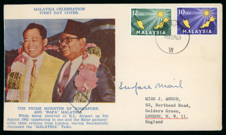 Stamp of Malaysia » Malayan Federation 1963 (Sept 16) First day cover for the 10c and 12c tied by a Singapore cds to a souvenir envelope 