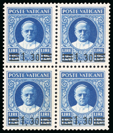 Stamp of Italy » Vatican State 1934, "Provvisoria", saggio da 1,30 l. su 1,25 l. azzurro, blocco di quattro