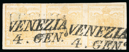 Stamp of Italian States » Lombardy Venetia 1850, 5 c. giallo arancio chiaro, striscia di tre usata
