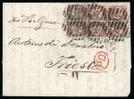 Stamp of Great Britain » 1854-1900 Postal History of the Perforated Line Engraved and Surface Printed Issues 1871 (Oct 14) Lettersheet from London to Trieste with 1870 1/2d pl.3 block of 4 and vert. pair tied by London "25" numerals