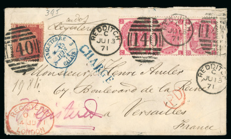 Stamp of Great Britain » 1854-1900 Postal History of the Perforated Line Engraved and Surface Printed Issues 1871 (Jun 13) Envelope sent registered from Redditch to France with three 1867-80 3d pl.6 and 1864-79 1d red 